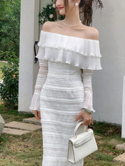 Aiertu White Elegant Vintage Midi Dress Women Ruffles Sexy Beach Party Bodycon Dress Female Silm One Piece Dress Korean Summer Y2k Aiertu
