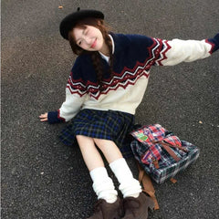Aiertu Vintage Sweater Women Preppy Style Kawaii Knit Pullovers Japanese Style Patchwork Autumn Winter Retro Casual Sweaters Aiertu