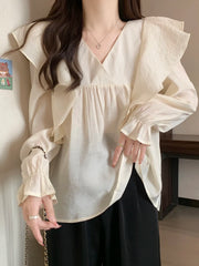 Stylish Flare Sleeve Spliced Ruffles Blouse Female Clothing Autumn New Oversized Casual Pullovers All - match Sweet Shirt Aiertu