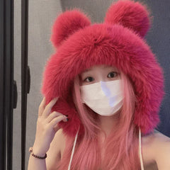 Aiertu Women Winter Warm Kawaii Fox Fur Imitation Mink Plush Hat Thickened Cute Bear Ear Japanese Bomber Hat Ear Protection Cosplay Cap aiertu