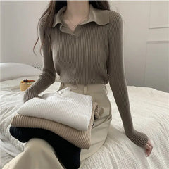 Aiertu FALL OUTFITS Knitted T Shirts For Women Clothes Streetwear High Quality Clothing Womens Polo Neck Tee Shirt Aesthetic Hot Top Vintage Striped aiertu