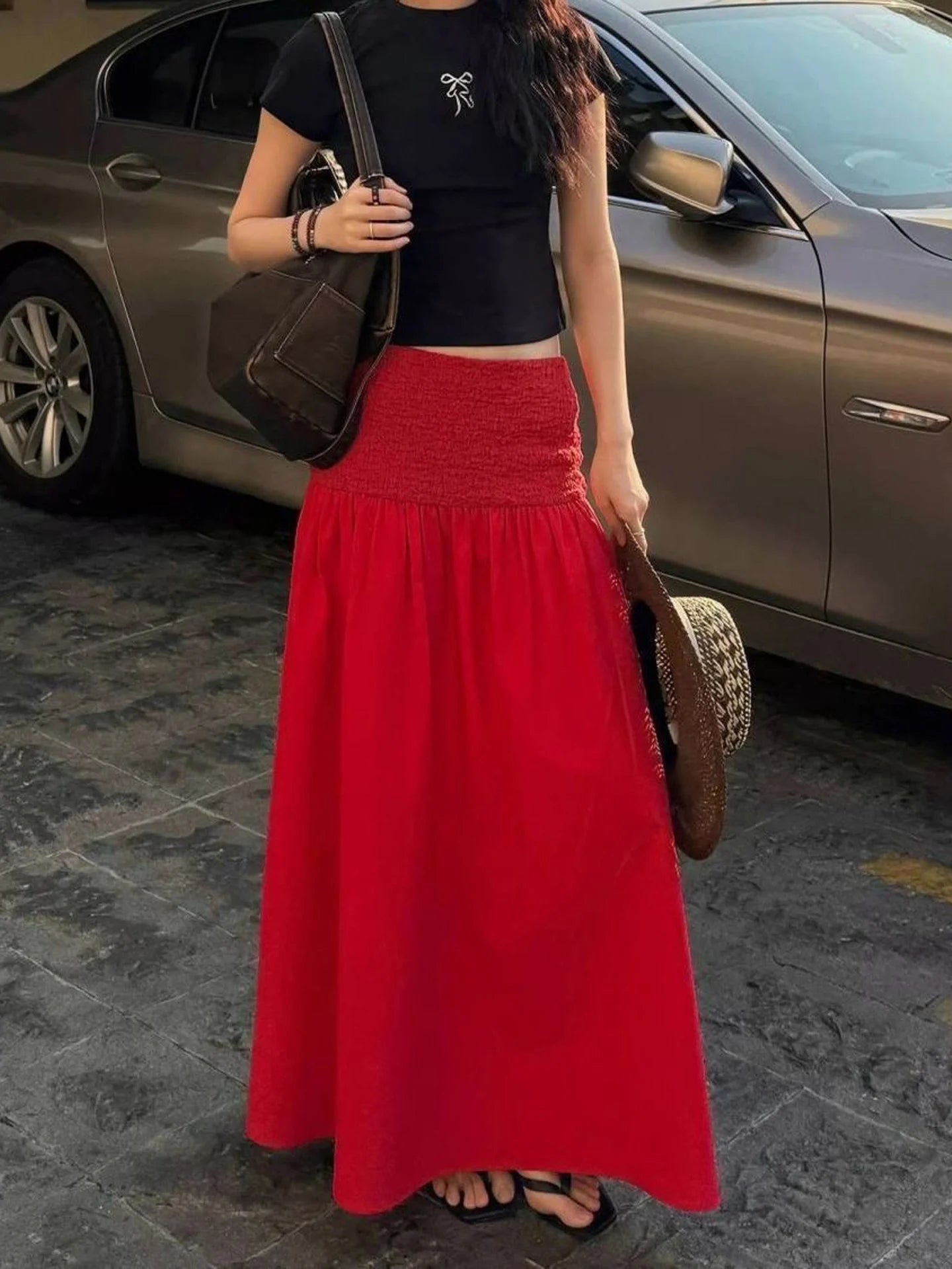 AIERTU - Red Oversized A-Line Skirt Women's Fashionable Loose Slimming Long Skirt Spring Autumn New Design Sensation Half-length Skirt Aiertu