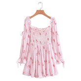 Aiertu Sweet Pink Floral Print Satin Sexy Off Shoulder Dress Women Long Sleeve Holiday Party Mini Dresses Princess Fairy Robe Aiertu