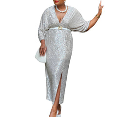 AIERTU - Women's Dress Female Clothing Fashionable Women's Temperament V-neck Sexy Slimming Sequined Large Size Dress Elegant Party Dress Aiertu
