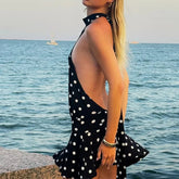 AIERTU - Women Y2K Aesthetic Fairy Halter Mini Dress Summer Dot Print Sleeveless Backless Tiered Ruffle Dress Female Mini Dress Aiertu