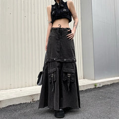 Aiertu 2024 Spring Women Vintage Baggy Streetwear Denim Skirt Grunge 00S High Waist Y2K High Street Basic A-Line Lady Pockets Skirt Aiertu