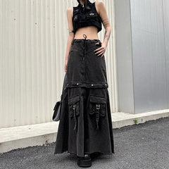 Aiertu 2024 Spring Women Vintage Baggy Streetwear Denim Skirt Grunge 00S High Waist Y2K High Street Basic A-Line Lady Pockets Skirt Aiertu