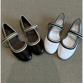 AIERTU - French Style Flat Bottom round Head Pearl Embellished Mary Jane Shoes Women's Slip-On Shoes with Magic Tape Spring New Arrival Aiertu