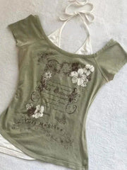 Aiertu Summer Fake Two Pieces Halter Bandage Vintage T-shirts Y2k Aesthetic Slim Crop Tops Women Grunge Print Harajuku Casual Sexy Tee Aiertu