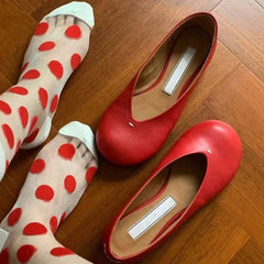 AIERTU - Red Round Toe Women's Mary Jane Flats Spring Cute Slip On Big Toe Ballet Flats Shoes Size 35-40 Aiertu
