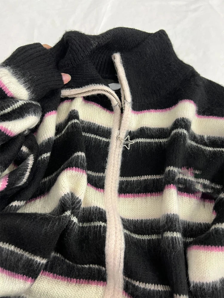 Aiertu Women Black Gothic Striped Cardigan Knit Two-tone Sweater 90s Harajuku Korean Vintage Long Sleeve Jumper Sweaters 2000s Clothes Aiertu
