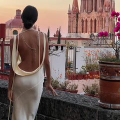 Aiertu New In Summer Backless Fashion Long Dresses For Women Solid Color Spaghetti Strap Elegant Slim Bodycon Party Dress Aiertu