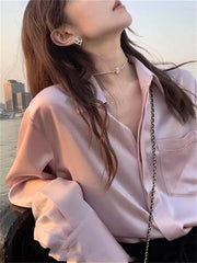 Aiertu Satin Women Sirt Spring Summer New Korean Fashion Turn Down Collar Long Sleeve Oversized Blouse Ladies Casual Top Aiertu