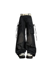 Aiertu Women's Black Gothic Baggy Cargo Jeans with Star Harajuku Y2k 90s Aesthetic Denim Trousers Emo 2000s Jean Pants Vintage Clothes Aiertu
