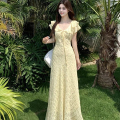 AIERTU - Summer Women's New Tea Break French High Waist Dress with High Grade Sensation, V-neck Floral Resort Style, Exquisite Long Dress Aiertu