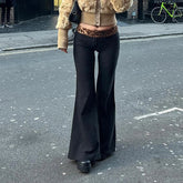 Aiertu Leopard Splice Elastic Waist Flare Leg Pants Aiertu