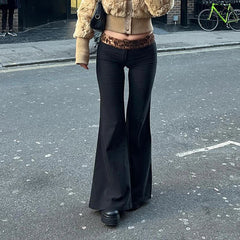 Aiertu Leopard Splice Elastic Waist Flare Leg Pants Aiertu