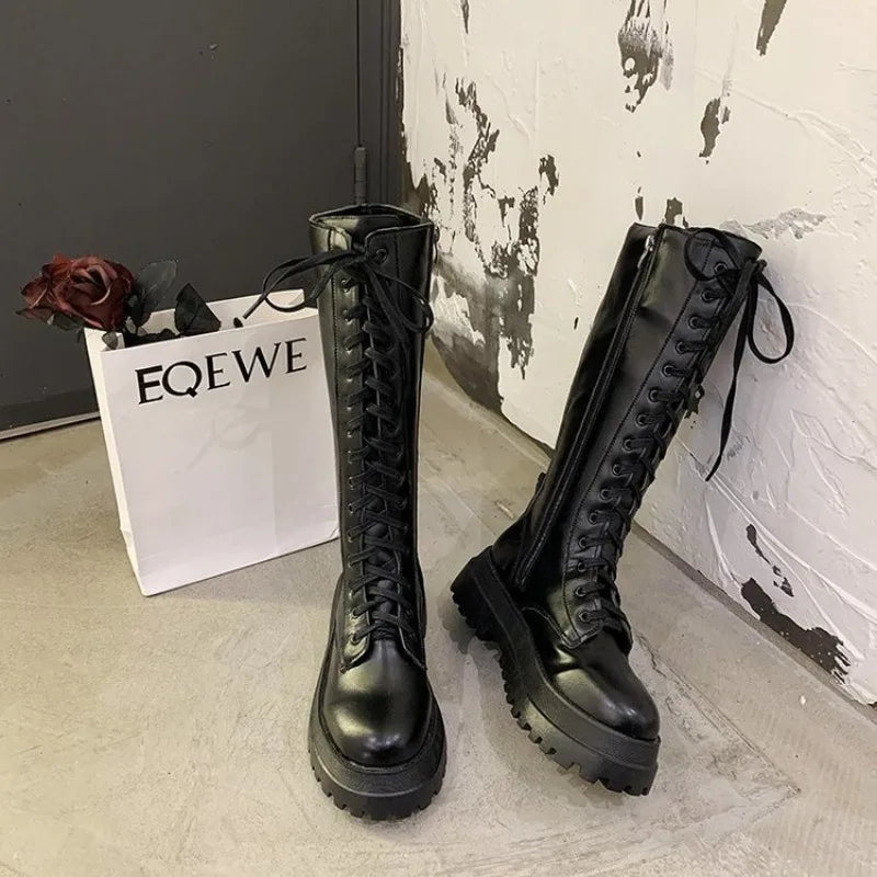 Chunky Platform Women Long Boots Pu Leather Knee High Boots Women Punk Female Lace Up Booties Mujer Chelsea Women Shoes Aiertu