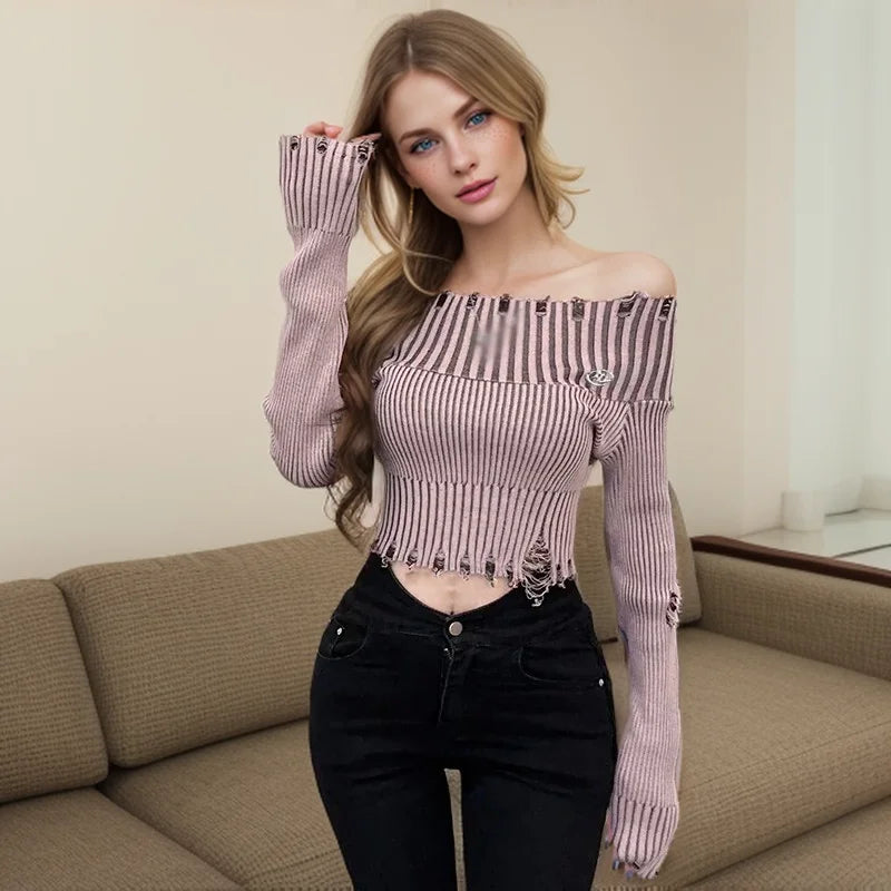 Spring Autumn Pullover Women's Sweater Off Shoulder Solid Colour Hole fashion Slim Sexy Knitted Long Sleeves Sweater Aiertu