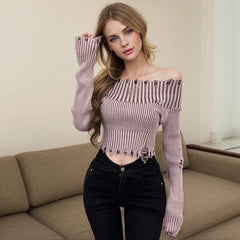Spring Autumn Pullover Women's Sweater Off Shoulder Solid Colour Hole fashion Slim Sexy Knitted Long Sleeves Sweater Aiertu
