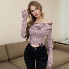 Aiertu Spring Autumn Pullover Women's Sweater Off Shoulder Solid Colour Hole fashion Slim Sexy Knitted Long Sleeves Sweater Aiertu