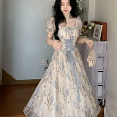 Aiertu Elegant Floral Print Midi Dresses for Women 2024 Summer New Vintage Fashion Slim Casual Birthday Party Lace-up Female Clothing Aiertu