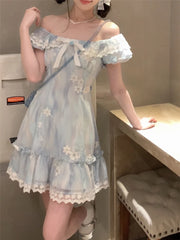 Aiertu Kawaii Japanese dress lolita y2k Sweet Blue Floral Dress Women Casual Evening Party One Piece Dress Korean Fashion Summer 2024 Aiertu