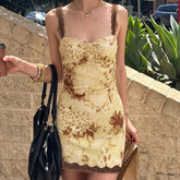 AIERTU - Retro Print Hip Hugging Short Skirt Women Lace Camisole Strapless Summer Sexy Slim Fit Backless Bow Tie Fashionable Sweet Dress Aiertu