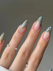 Aiertu 24 Pieces Long Almond Irregular French style Pattern ABS Full Cover Glossy False Nails Aiertu