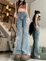 Aiertu Women's Butterfly Embroidery Pattern Micro Flared Jeans Cool Girl Fashion Wide Leg Denim Trousers Female High Waist Pants Aiertu