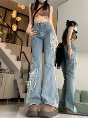 Aiertu Women's Butterfly Embroidery Pattern Micro Flared Jeans Cool Girl Fashion Wide Leg Denim Trousers Female High Waist Pants Aiertu