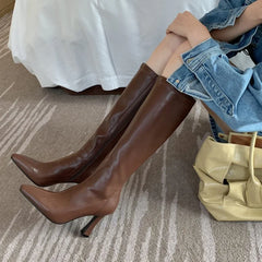 Winter Women Long Boots Fashion Thin High Heel Knee High Booties Ladies Black Brown Sexy Woman Knight Boats Botas De Mujer Aiertu