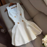 AIERTU - Summer New V-neck Sleeveless Button Solid Color Short Dress Dress Aiertu