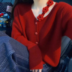 AIERTU - Plus Size Women Red V Neck Knit Cardigan 3D Flower Decor Lazy Style Sweater Coat Autumn Winter Casual Top Aiertu