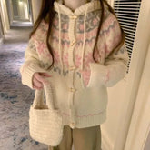 AIERTU - Women Sweaters Hooded Print Autumn Winter Thick Warm Horn Buttons Cardigans Korean Fashion Chic Vintage Sueteres Mujer Aiertu