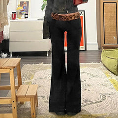 Aiertu Leopard Splice Elastic Waist Flare Leg Pants Aiertu