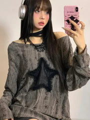 Aiertu Grunge Hole T-shirt Women Fashion Star Print Y2k Aesthetic Loose Tees Kpop Fairycore Ripped Tshirt Harajuku Gothic Streetwear Aiertu