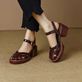 Summer New Women Shoes High Heel Roman Sandals Cow Patent Leather Daily Buckle Strap Lady Casual Footwear Brown Size 40 Aiertu