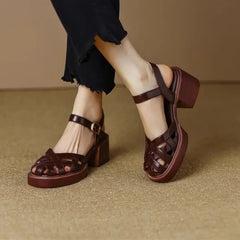 Aiertu Summer New Women Shoes High Heel Roman Sandals Cow Patent Leather Daily Buckle Strap Lady Casual Footwear Brown Size 40 Aiertu