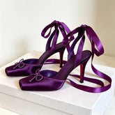 AIERTU - Satin Ankle Strap Ballet Style High Heels Women Square Toe Pumps Stiletto Heels Party Shoes Mules Elegant Designer Women Sandals Aiertu