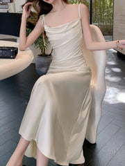 Aiertu Sleeveless Solid Chic Women Summer Dress Spaghetti Strap Satin Bodycon Elegant Midi Party Vestidos Female Long Clothes New Robe Aiertu