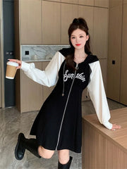 Aiertu Korean Style Oversize Hooded Dress Women Preppy Style School Student Casual Letter Sport Mini Short Dresses Autumn Aiertu
