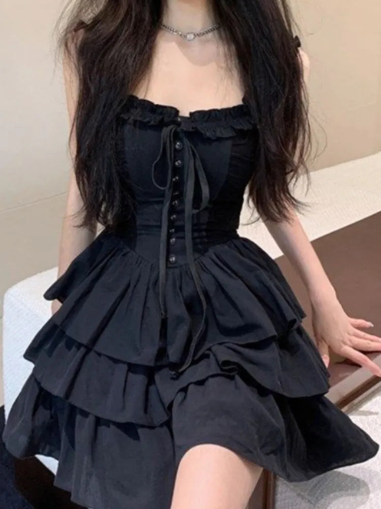 Aiertu Gothic Goth Harajuku Sexy Slip Dress Ruffles Y2k Streetwear Dark Punk Cake Dresses Party Korean Fashion Summer Aiertu