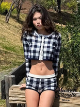 AIERTU - Gingham Shorts Two Piece Sets Women Casual Trim Long Sleeve Crop Cardigan High Waist Suits Lady Home Lounge Matching Outfit Aiertu