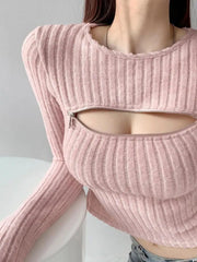 Aiertu Sexy Slim Zipper Hollow Out T Shirt Women Clothes Long Sleeve Korean Fashion Spring Tee Shirt Femme Casual Chic Tops Aiertu