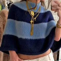 AIERTU - Y2K Color Block Poncho Sweater Women Mock Neck Loose Batwing Sleeve Fluffy Knit Cape Pullover Casual Oversized Striped Tops Aiertu