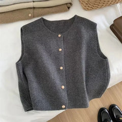 Spring Autumn Women's Solid Button V-Neck Sleeveless Sweater Knitted Cardigan Vest Coats Casual Fashion Office Lady Elegant Tops Aiertu