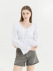 Aiertu French Pleated Lantern Long Sleeve Shirt For Women's 2022 Spring And Autumn New Vintage White Square Collar Blouse Tops Female Aiertu