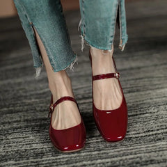 New Women's Red Black Mary Janes Shoes High Quality Leather Low Heel Dress Shoes Square Toe Shallow Buckle Strap Women's Shoes Aiertu