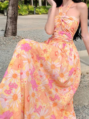 Aiertu Summer Elegant Casual Women Floral Dress Halter A-Line Beach Holiday Party Long Robe Female Vintage Boho Clothes Vestidos New Aiertu